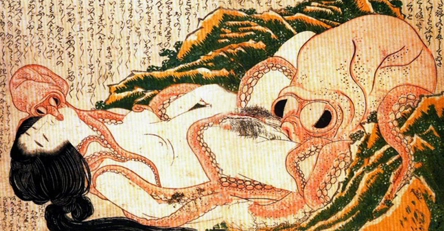 Vintage Shunga Kunst einer Frau, die von einem Tintenfisch gefressen wird